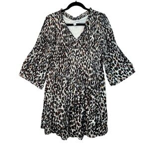 Emma Michele Coquette Girl Animal Print Ruffle V Neck Dress Lined 3/4 Sleeve M